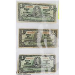 THREE 1937 CANADIAN $1 BANK NOTES