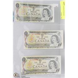 THREE 1973 UNCIRCULATED CANADIAN $1 BANK NOTES