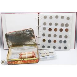 TIN AND BINDER WITH ASSORTED WORLD COINS