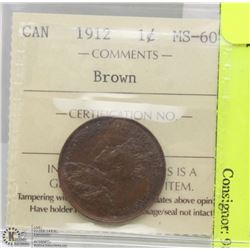 1912 CANADA MS-60 GRADED PENNY W/COA