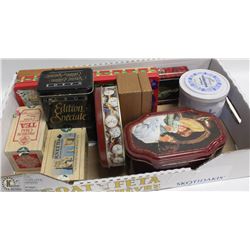 FLAT OF VARIOUS TINS AND WOOD BOXES