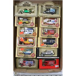 FLAT OF 12 VINTAGE DIE CAST TOYS INCL COCA COLA