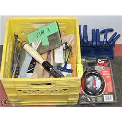 MILK CRATE OF ASSORTED TOOLS