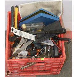 MILK CRATE OF ASSORTED TOOLS