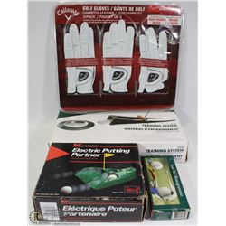 GOLF SET INCL NEW GOLF GLOVES, PUTT TRAINING