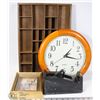 Image 1 : BOX OF MISC., 12" CLOCK, DISPLAY SHELF & MORE