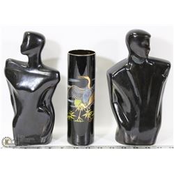 MALE AND FEMALE BLACK BUST WITH VINTAGE BLACK VASE