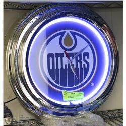 OILERS NEON BLUE CLOCK WITH ADAPTER (WORKS)