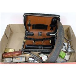 ESTATE FLAT OF LIGHTERS, SHAVING KIT, AND SICKLE
