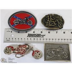 TRAY W/ 4 MOTORCYCLE RELATED BELT BUCKLES