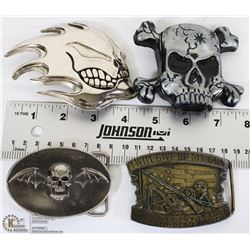 TRAY W/ 4 SKULL SKELETON BELT BUCKLES