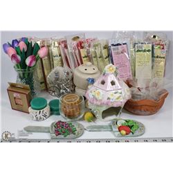 BOX WITH ASSORTED NEW CANDLES, CANDLE HOLDERS &