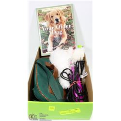 LOT OF DOG ITEMS INCL DOG TRIMMER, BAG, BOOK AND
