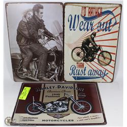 LOT OF 3 TIN PICTURES INCL HARLEY DAVIDSON,