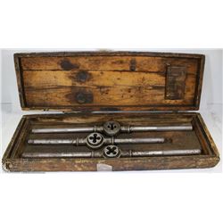 ANTIQUE WOODEN BOX W/ 3 ANTIQUE DIE TOOLS