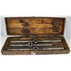 Image 1 : ANTIQUE WOODEN BOX W/ 3 ANTIQUE DIE TOOLS