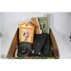 LARGE BOX W/HOME DECOR INCL. WOOD KEY HOLDER,