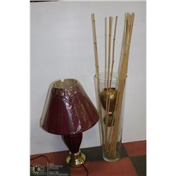 BOX W/ BURGUNDY & GOLD COLOR TABLE LAMP, 2 BRASS