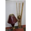 Image 1 : BOX W/ BURGUNDY & GOLD COLOR TABLE LAMP, 2 BRASS