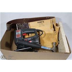 FLAT WITH  KUNY LEATHER TOOLBELT, SKILSAW, HAMMER