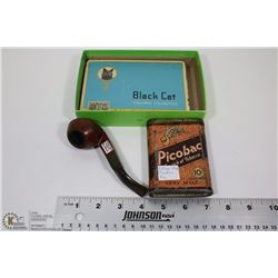 BOX OF VINTAGE SMOKING TINS WITH PIPE