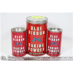 3 OLD BLUE RIBBON BAKING POWDER TINS