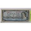 Image 1 : 1954 CANADIAN $5 DOLLAR BILL BEATTIE/RASMINSKY