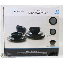 MAINSTAYS 12PC DINNERWARE SET ,BLACK STONEWARE
