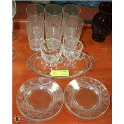 ESTATE GLASS CREAM AND SUGAR SERVER, PLATE AND