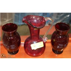 CRANBERRY GLASS PITCHER WITH 2 VASES