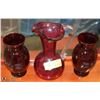 Image 1 : CRANBERRY GLASS PITCHER WITH 2 VASES