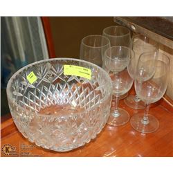 LARGE CUT GLASS BOWL  WITH 5 WINE GLASSES