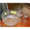 Image 1 : LARGE CUT GLASS BOWL  WITH 5 WINE GLASSES