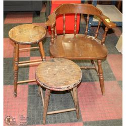 3 WOODEN VINTAGE CHAIR/STOOLS