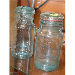 PAIR OF VINTAGE BLUE GLASS PERFECT SEAL MASON JARS