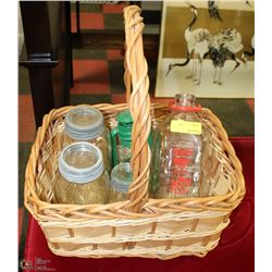 ESTATE BASKET WITH GLASS JARS, BARN LANTERN,