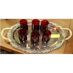 ESTATE SERVING TRAY WITH 6 CRANBERRY GLASSES