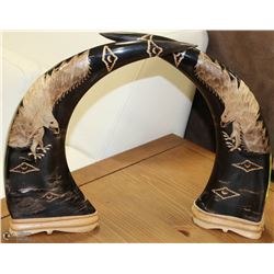 PAIR OF LARGE HAND CARVED BUFFALO HORN