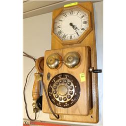 VINTAGE STYLE WOODEN WALL PHONE W/ CLOCK