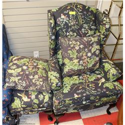 NAVY FLORAL WING BACK PARLOUR CHAIR WITH OTTOMAN