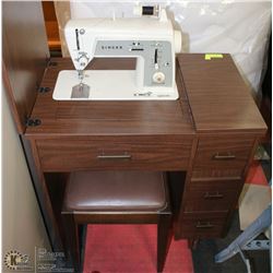 VINTAGE SINGER SEWING MACHINE IN CABINET W/ STOOL