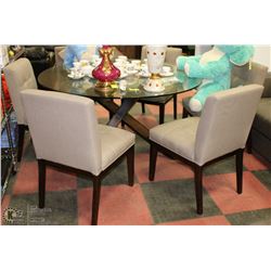 55" GLASS TOP ROUND TABLE W/ 6 FABRIC CHAIRS