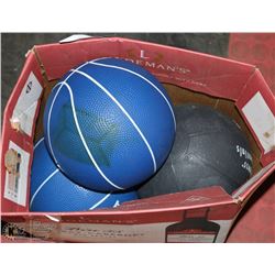 A BOX W/ 3 MEDICINE BALLS 2 X 10 LBS, 1 X 8 LBS