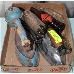 BOX LOT OF SAD IRONS WITH FOUR COLLECTABLE