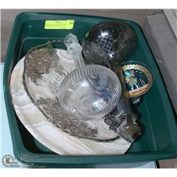 BOX LOT OF TWO DECANTERS AND SILVER OVERLAY GLASS