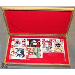 WOOD BOX WITH ASSORTED FOOTBALL CARDS