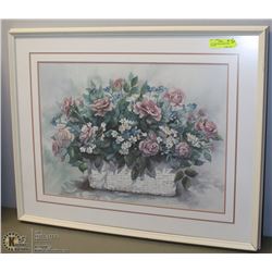 267) LARGE FRAMED PRINT WITH FLOWERS