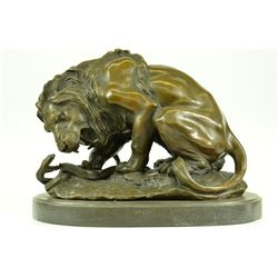 Signed Barye Lion Snake Bronze Statue on marble base