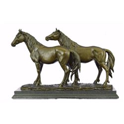 Signed P.J Mene Two Loving Horse Bronze Sculpture on Marble Base Statue
