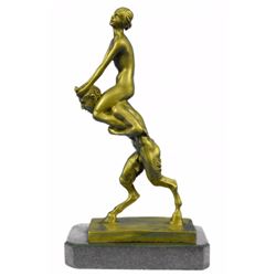 Bergman Erotic Art Satyr And Nymph Piggy Ride Bronze Sculpture on marble base Statue
